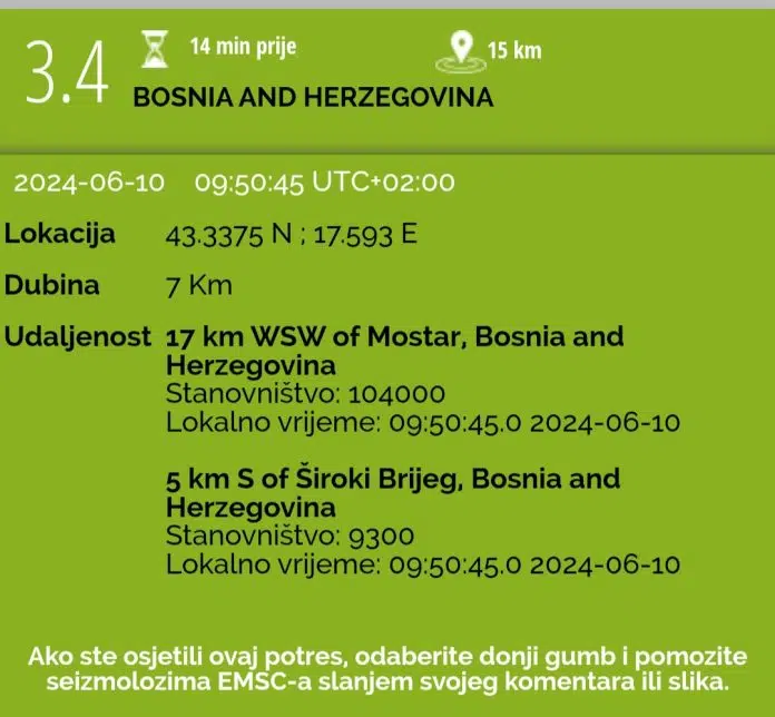 Potres Jutros U 950 Sa Magnitudom 34 Po Richteru