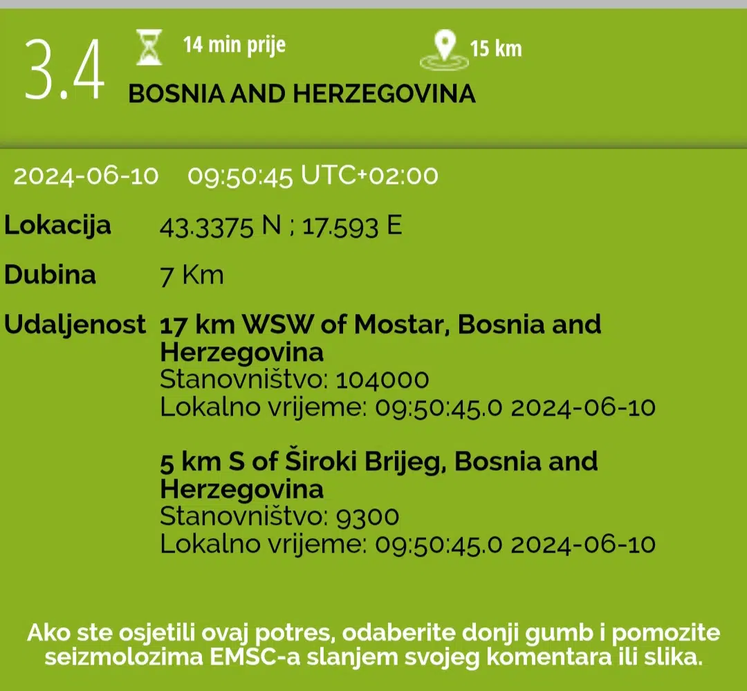 Potres jutros u 9.50 sa magnitudom 3,4 po Richteru