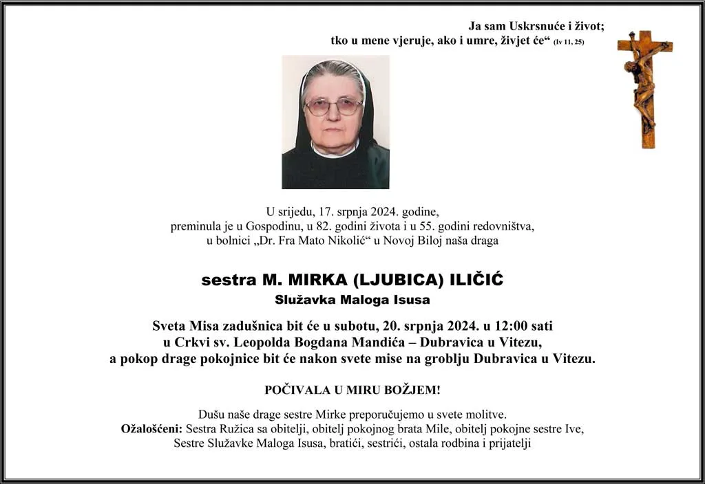 Preminula sestra M. Mirka (Ljubica) Iličić iz Ružića