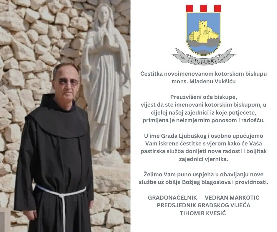 Poruka čestitke gradonačelnika Markotića i predsjednika Kvesića Kotoru biskupu mons. Mladenu Vukšiću
