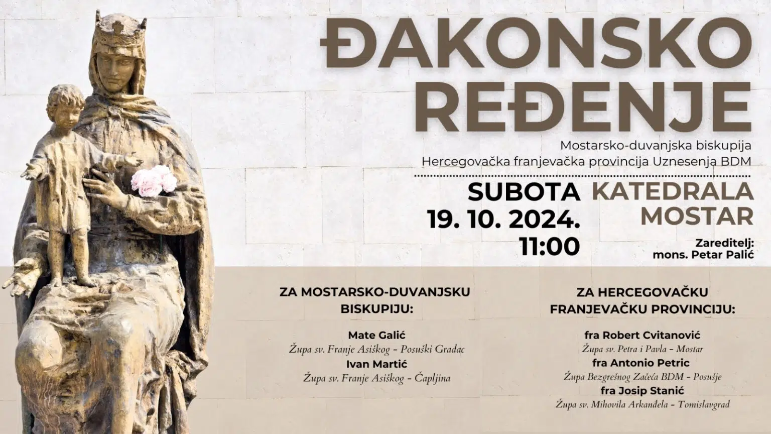 Biskup Petar Palić će zarediti petoricu bogoslova za đakone, uključujući dvojicu iz Posušja.