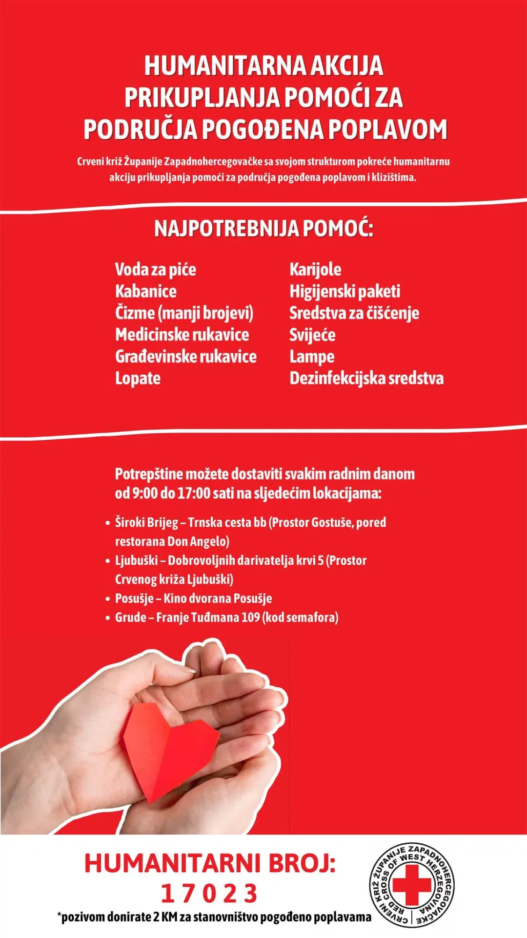 Crveni križ Federacije BiH ažurirao popis najneophodnije humanitarne pomoći