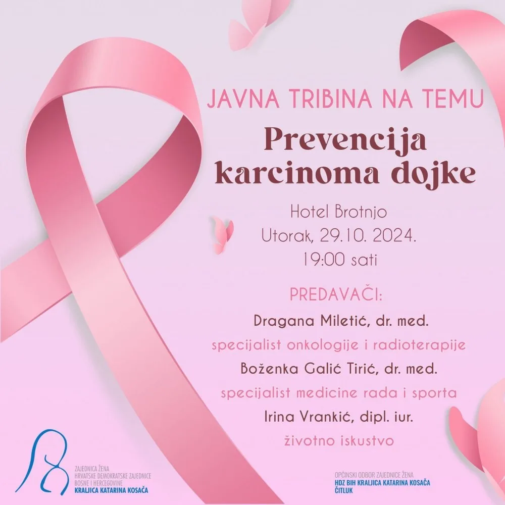 Javna tribina o prevenciji karcinoma dojke 29. listopada u Čitluku