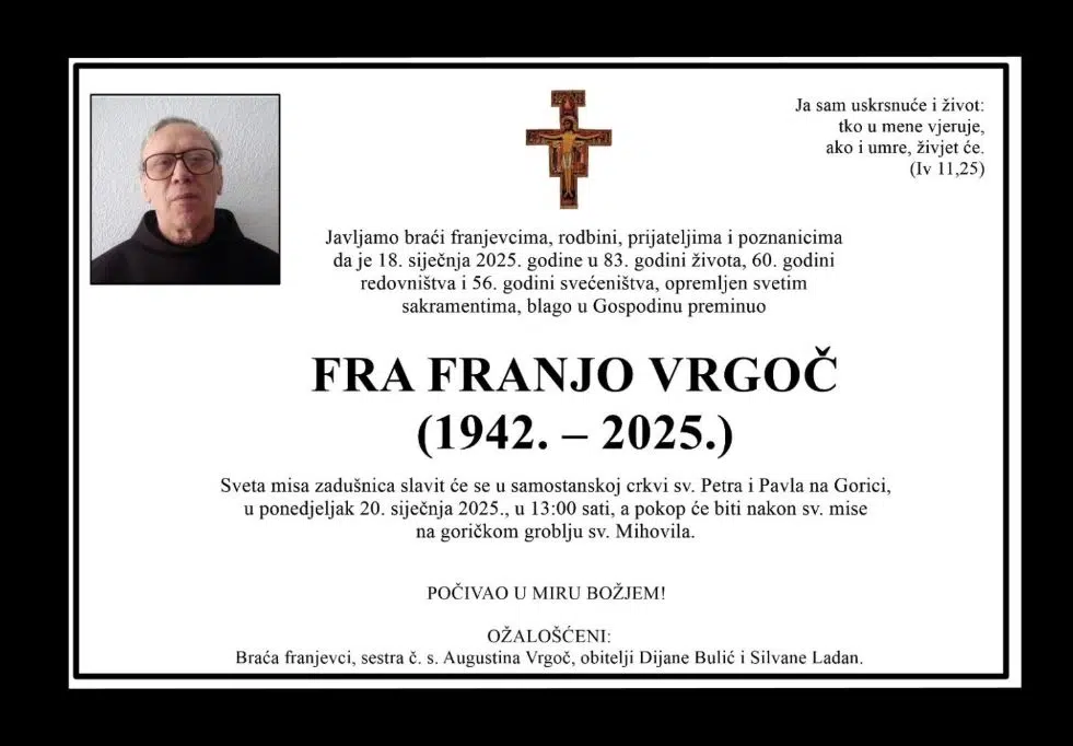 Preminuo fra Franjo Vrgoč, svećenik franjevac Bosne Srebrene
