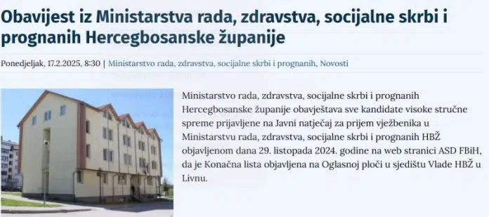 Objavljena končana lista za prijem vježbenika i to na oglasnoj