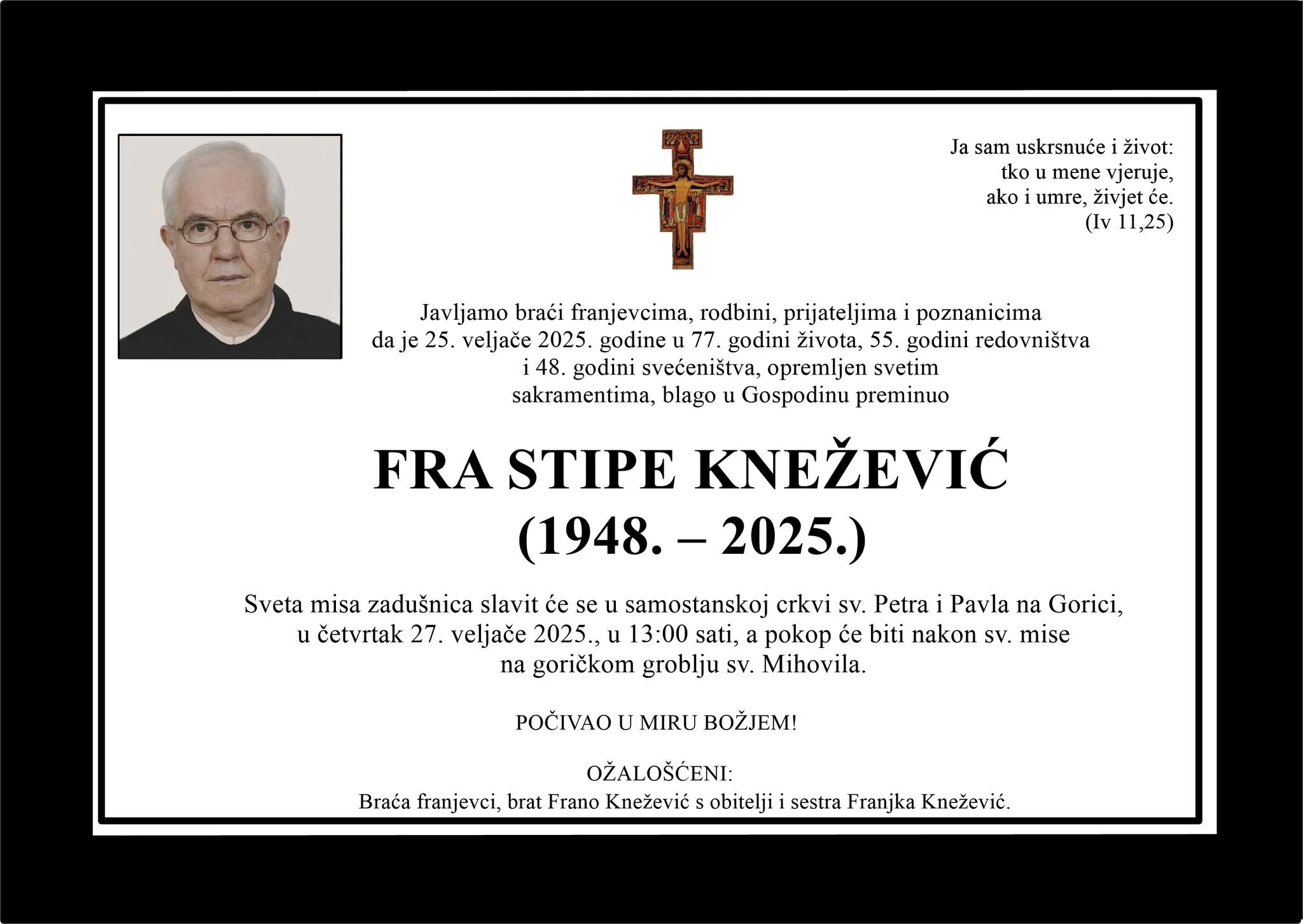 Preminuo fra Stjepan Knežević, svećenik franjevac Bosne Srebrene