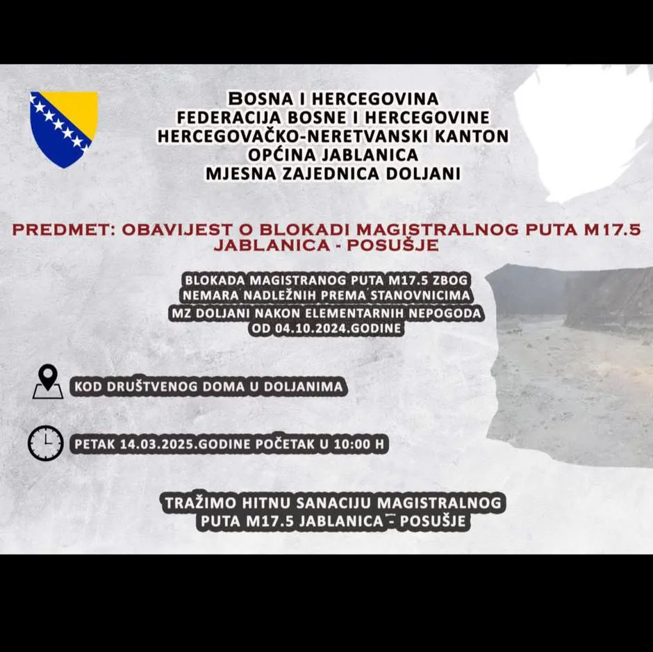 Mještani Doljana najavili blokadu magistralne ceste koja povezuje Jablanicu i Posušje