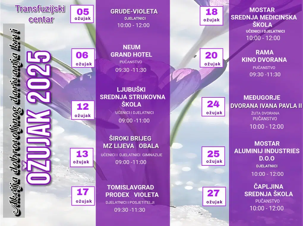 Plan akcije dobrovoljnog darivanja krvi – ožujak 2025. – Sveučilišna klinička bolnica Mostar