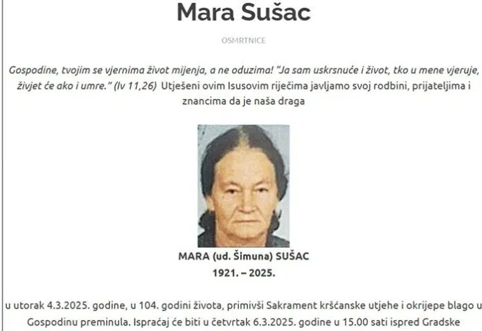 U 104. godini života preminula najstarija Trebižaćanka Mara Sušac