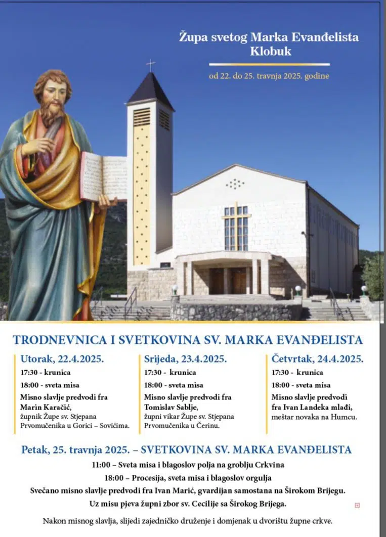 Danas proslava svetkovine sv. Marka Evanđelista u Klobuku