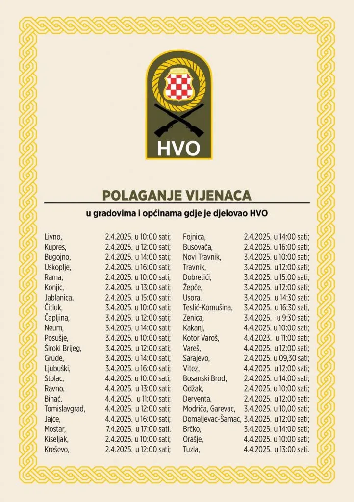 NAJAVA: Obilježavanje 33. obljetnice utemeljenja HVO-a u Neumu