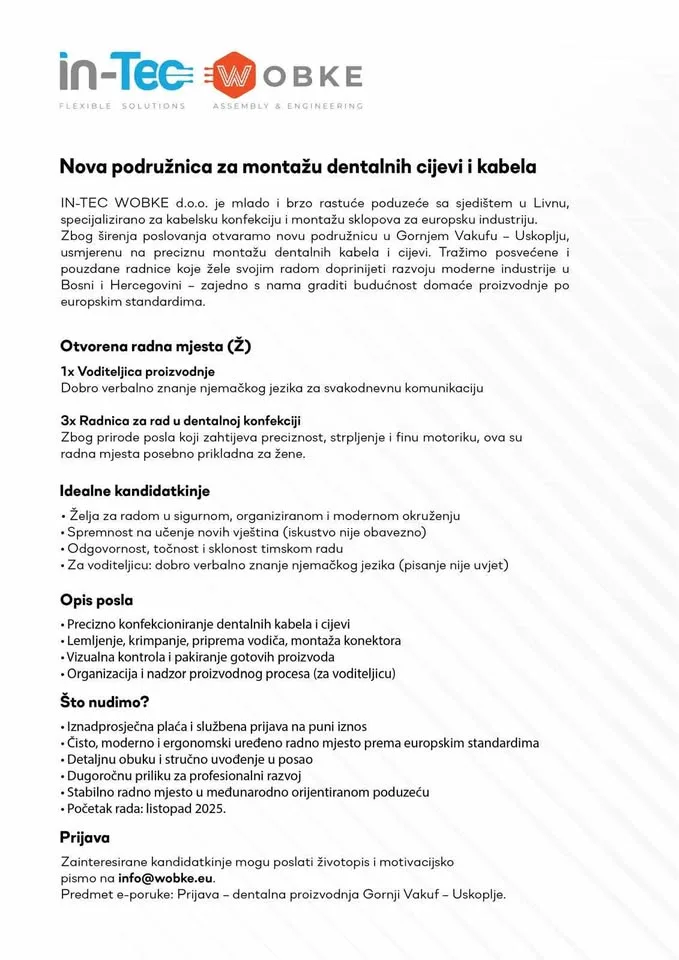 Livanjska firma IN-TEC WOBKE d.o.o. otvara podružnicu za montažu dentalnih cijevi i kabela u Gornjem Vakufu – Uskoplju