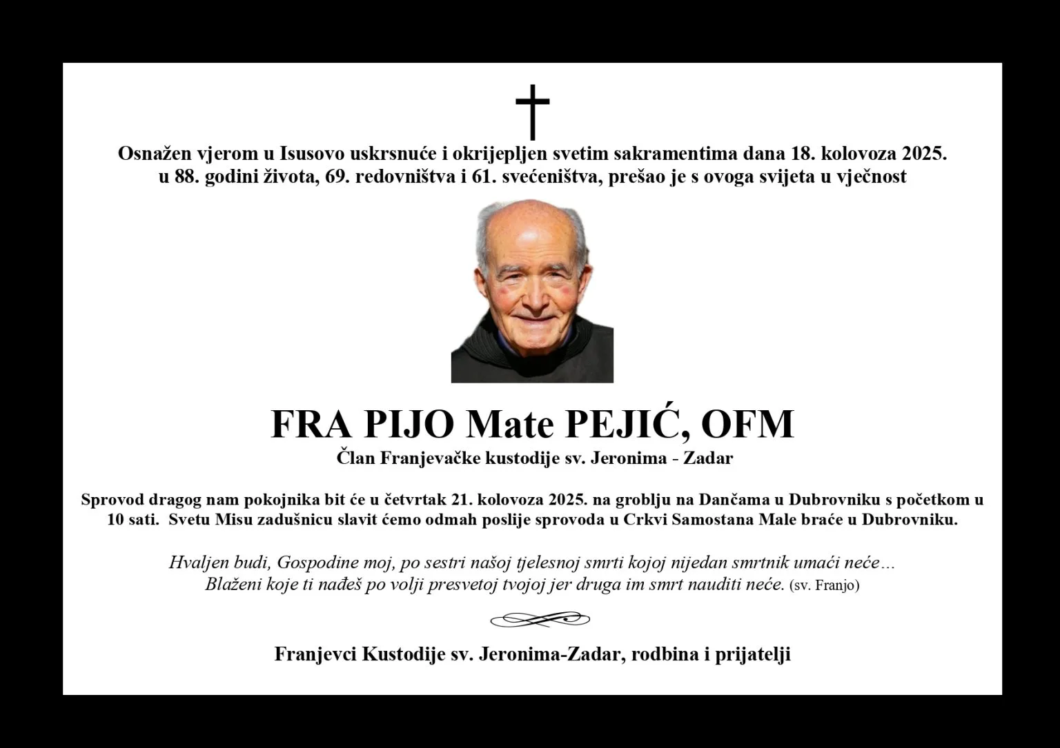 Preminuo fra Pijo Mate Pejić, franjevac i doktor kanonskog prava