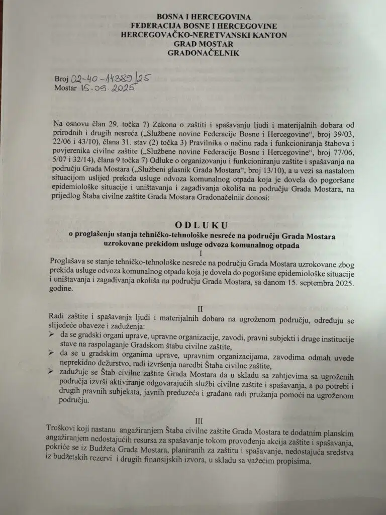 Donesena odluka o proglašenju stanja tehničko – tehnološke nesreće na području Grada Mostara
