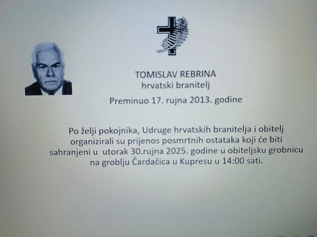 Ukop hrvatskoga branitelja i emigranta Tomislava Rebrine bit će 30. rujna u Kupresu
