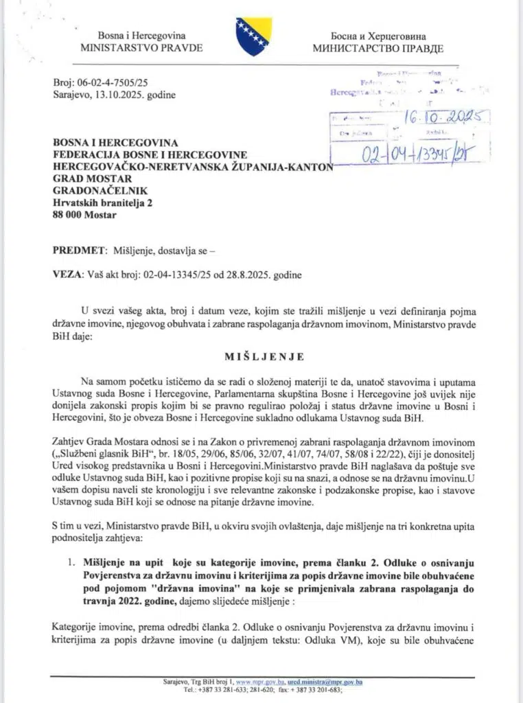 Grad Mostar: Ministarstvo pravde BiH potvrdilo da lokalne zajednice mogu planirati razvoj bez promjene vlasništva državne imovine
