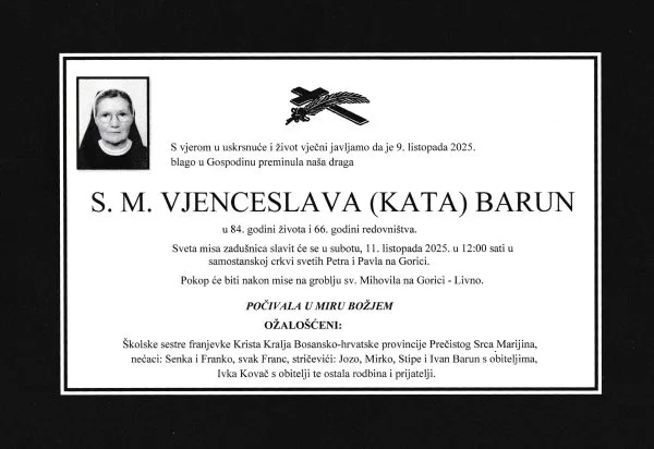 Preminula s. Vjenceslava (Kata) Barun