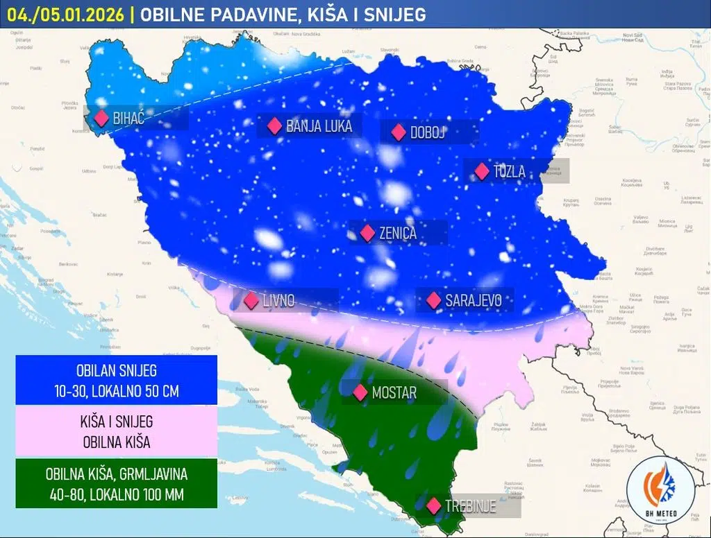 BHMeteo: Danas u Bosni snijeg u Hercegovini kiša –