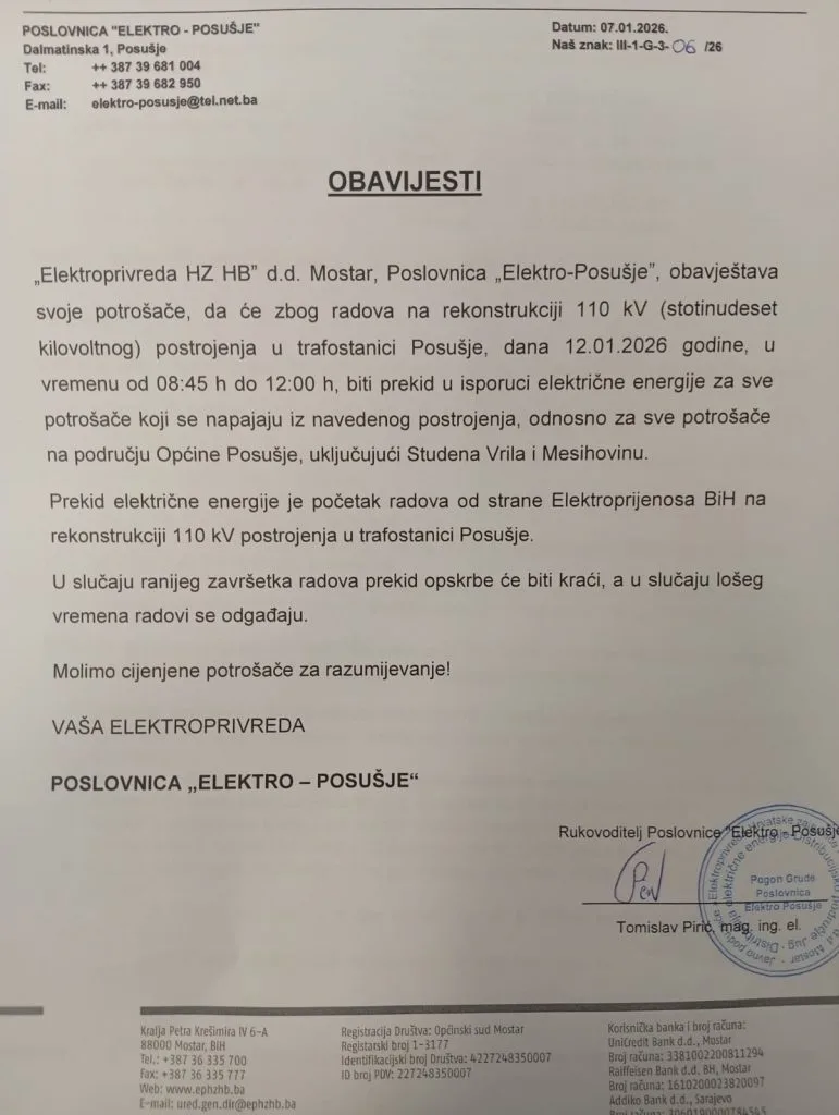 Najavljeni prekid opskrbe električnom energijom u Posušju