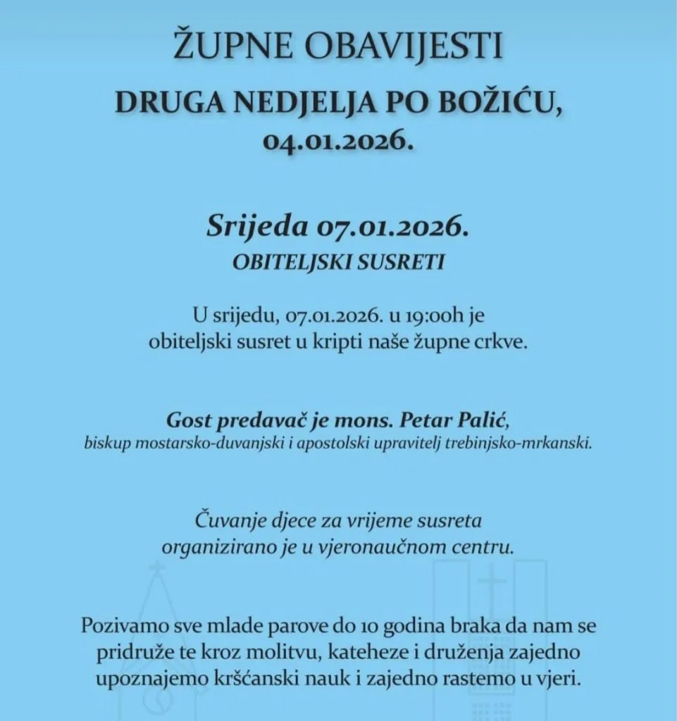 Župne obavijesti: obiteljski susret, tečajevi za sakramentalni brak i blagoslov vode i soli