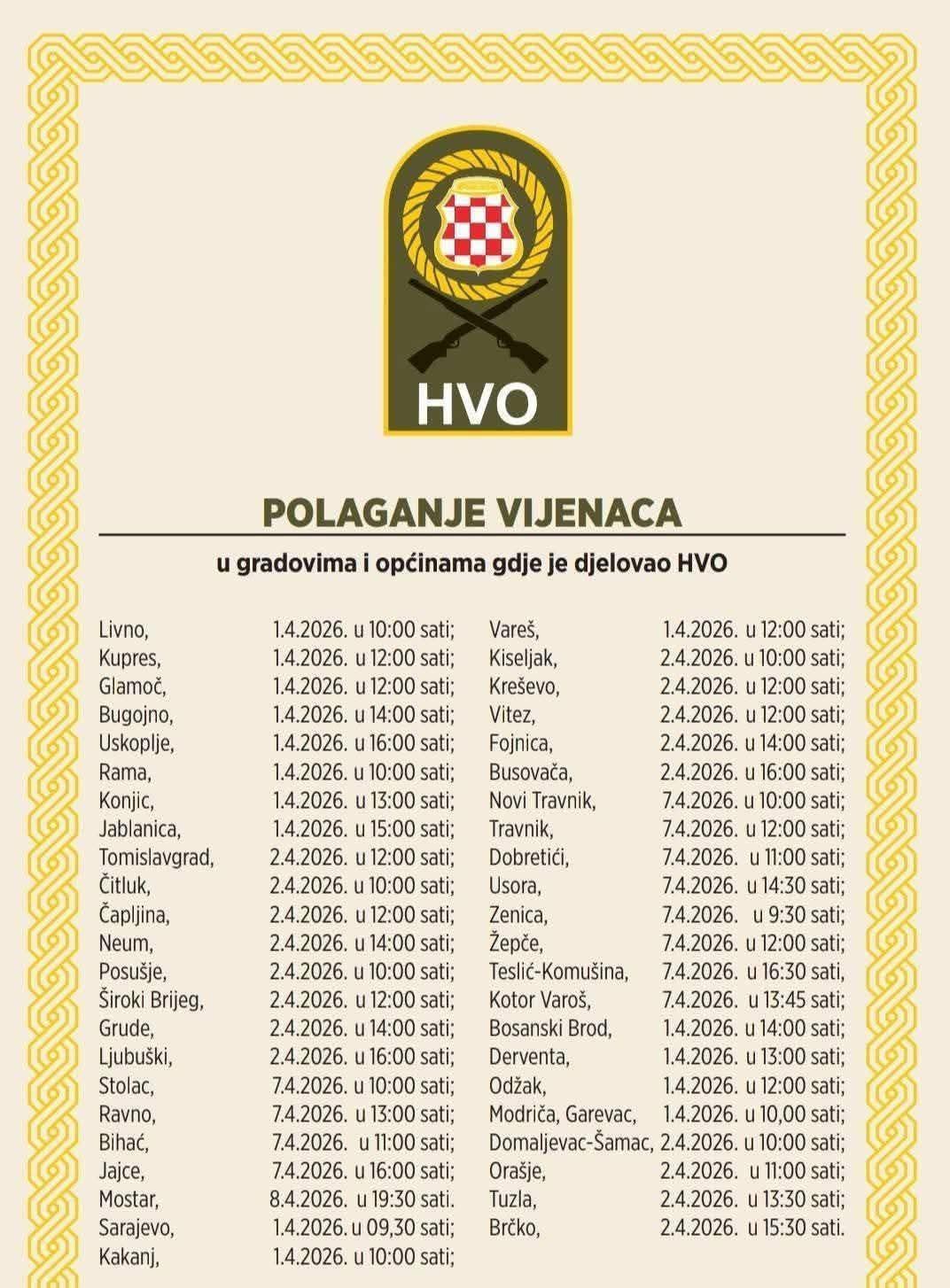Ljubuški:Obilježavanje 34. obljetnice utemeljenja HVO-a u četvrtak 2.travnja