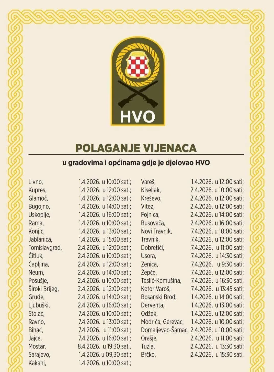 Ljubuški:Obilježavanje 34. obljetnice utemeljenja HVO-a u četvrtak 2.travnja