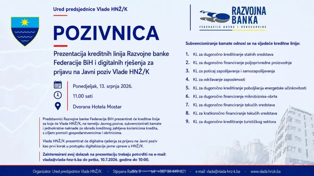 Vlada HNŽ poziva gospodarstvenike na predstavljanje kreditnih linija za koje će Vlada subvencionirati kamate i jednokratne naknade