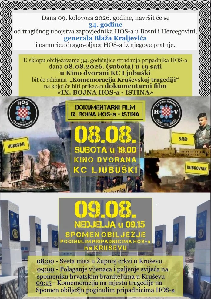 Dvodnevni program obilježavanja 34. godišnjice pogibije generala Blaža Kraljevića i