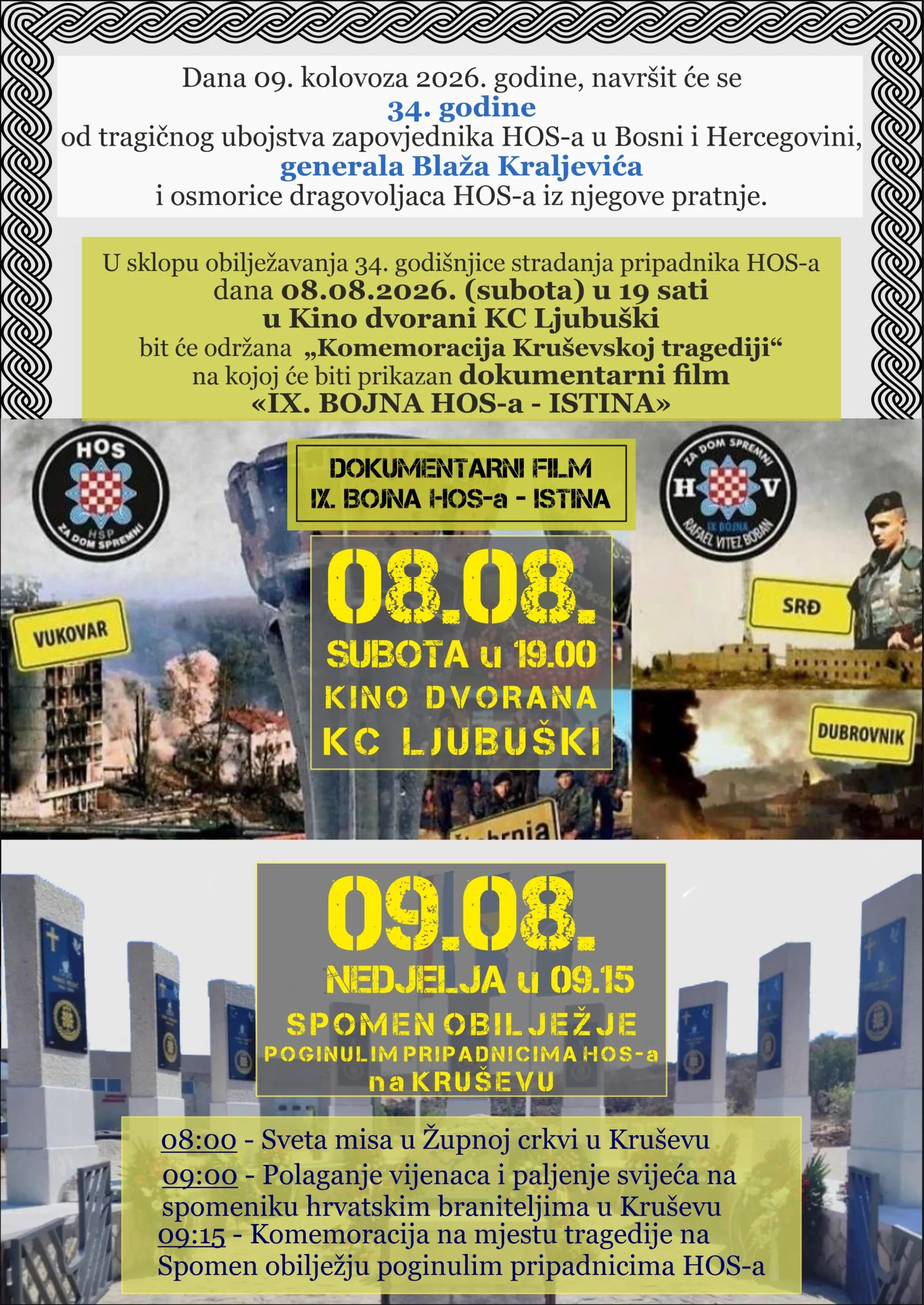 Dvodnevni program obilježavanja 34. godišnjice pogibije generala Blaža Kraljevića i osmorice pripadnika HOS-a