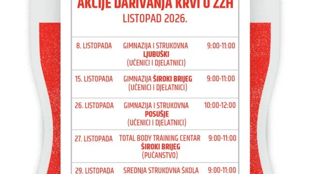 U četvrtak 8. listopada akcija darivanja krvi u Ljubuškom