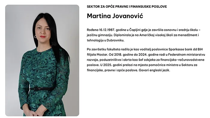 Vlada FBiH ovlastila Čapljinku Martinu Jovanović za obavljanje poslova iz nadležnosti ministarstva Vojina Mijatovića